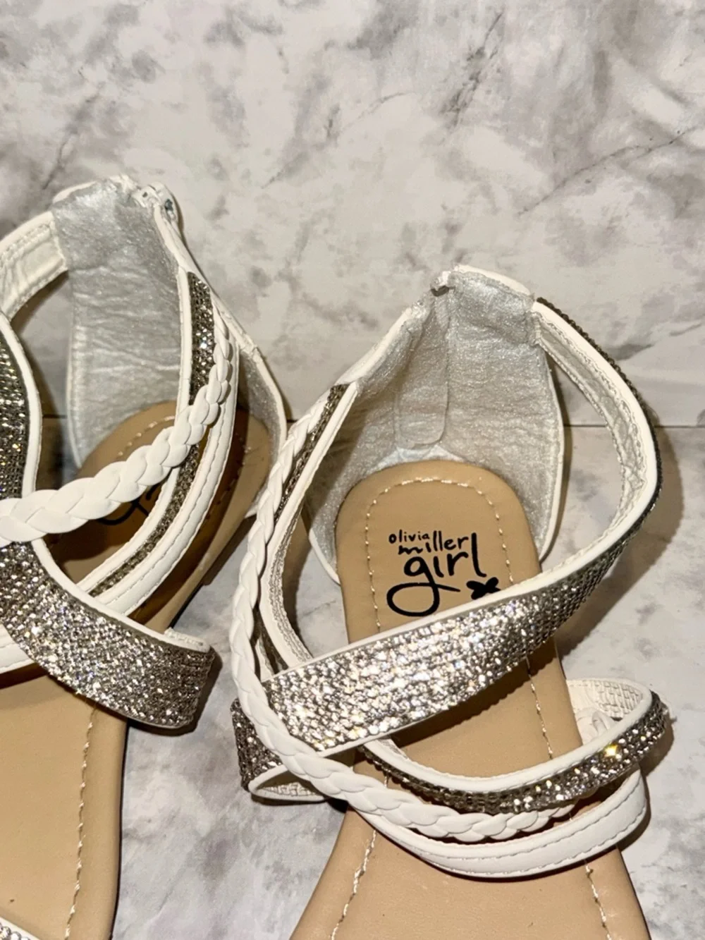 Olivia Miller White Braided Sandals w/ Rhinestones 2Y